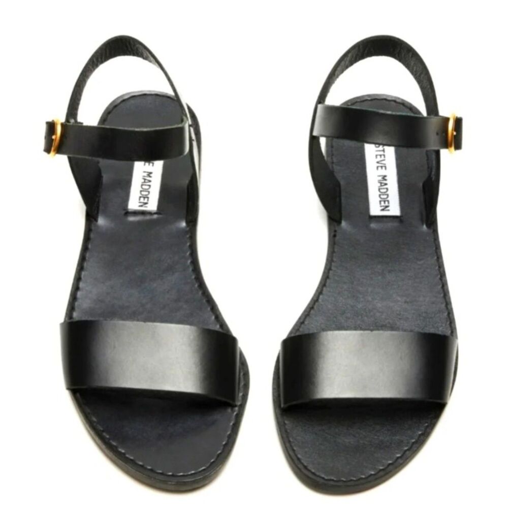 Steve Madden Donddi Black Leather Flat Sandals Ankle Strap Women's Size 10